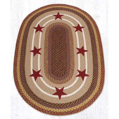  Oval Patch Tread Rug with Burgundy Stars Braided Jute Country Decor