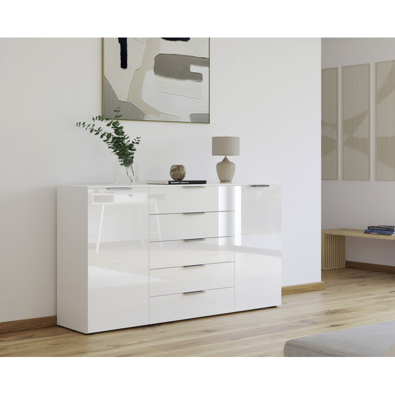 Flipp 5 - Drawer Chest of Drawers, Alpine White/White Glass/Chrome