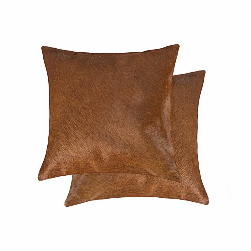 Set of Two 18" Brown Cowhide Throw Pillows, Brown