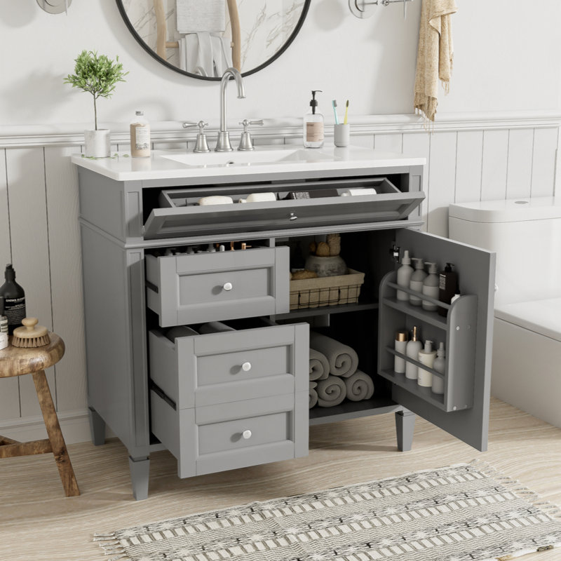 Meuble-lavabo de 36 po avec lavabo supérieur, meuble-lavabo moderne avec 2 tiroirs et tiroir escamotable, meuble-lavabo simple