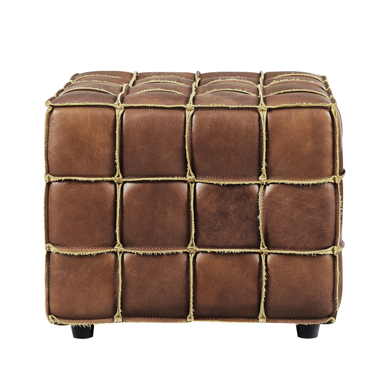 Laryn Genuine Leather Square Pouf Ottoman, Cognac
