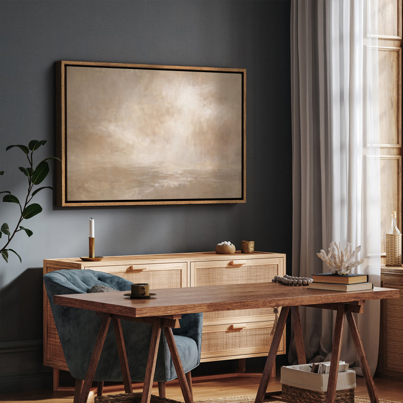 «Soft Neutral Seascape with Subtle Light and Calm Horizon», art mural encadré, Naturel, H 24 po x l 36 po