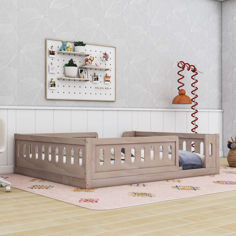 Full Size Wood Platform Bed with Semi-Enclosed Guardrail, Natural