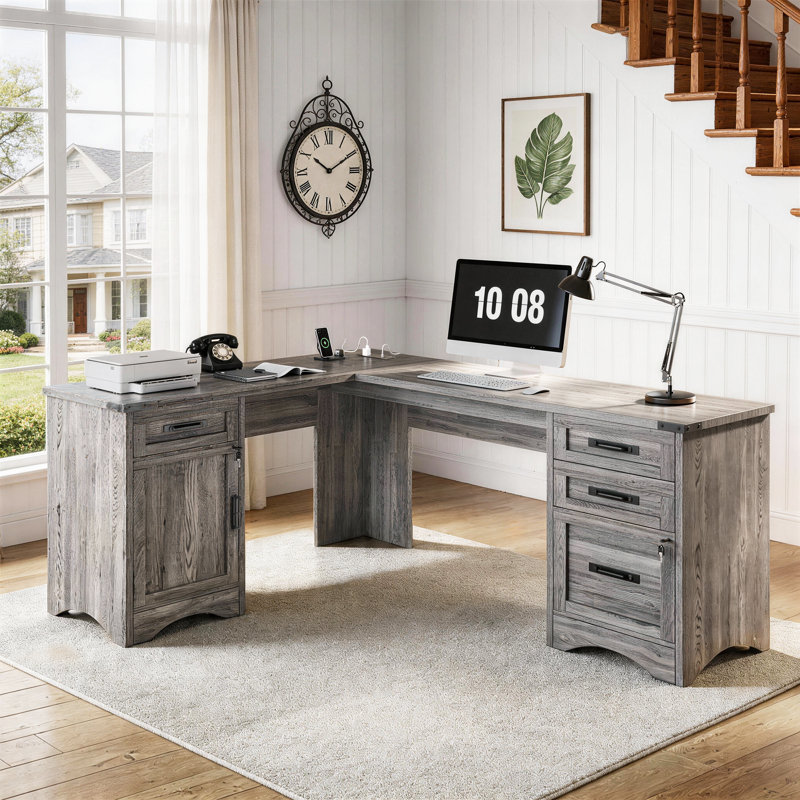 67" Farmhouse L-Shaped Executive Desk With 4 Drawers, Home Office Corner Computer Desk With File Storage And Power Outlets