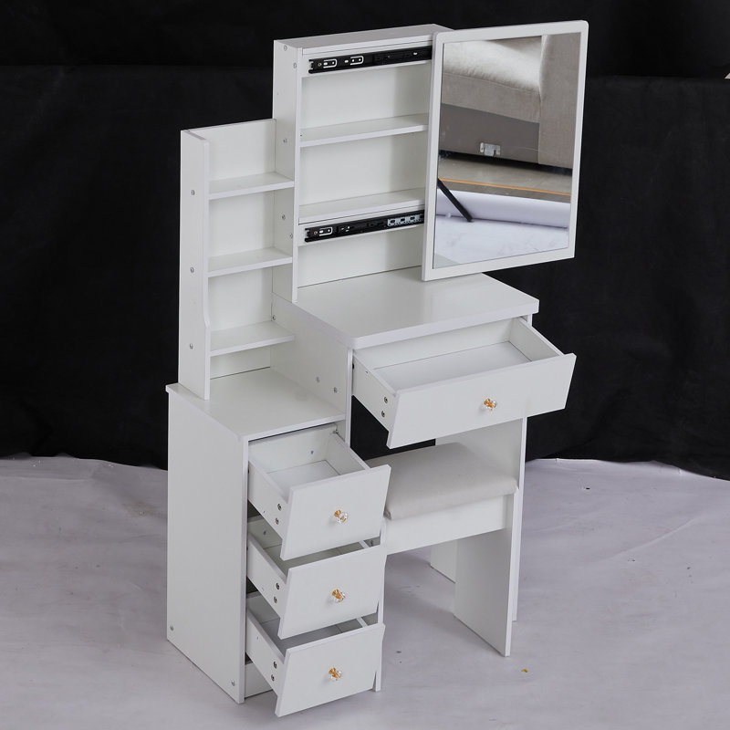 Maestri Small Space Left Bedside Cabinet Vanity Table + Cushioned Stool, Extra Large Right sliding mirror, White 1