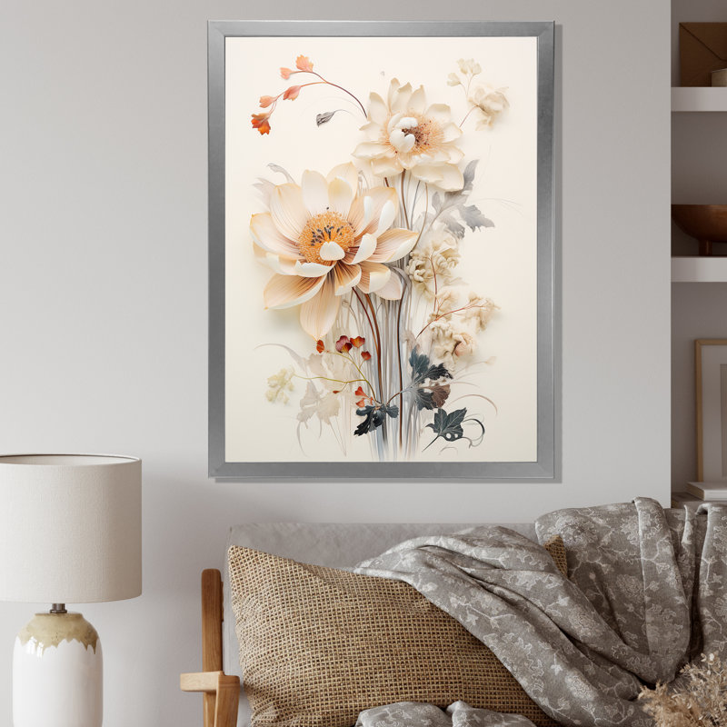 Fleurs beiges en pleine floraison V, Cadre photo argenté, H 32 po x l 24 po x P 1 po