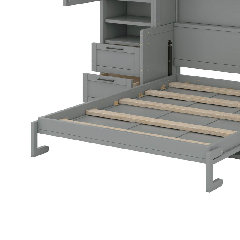 Queen Size Murphy Bed Wall Bed With Closet ,Drawers And Shelves, Grey
