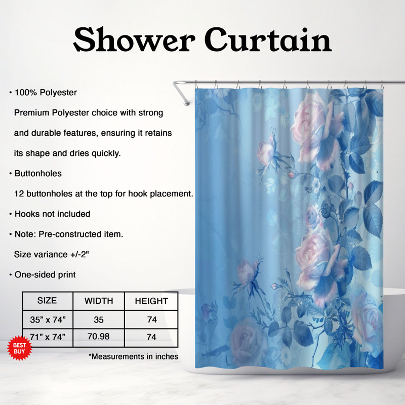 Rideau de douche bleu 1 pièce, H 74 po x l 71 po