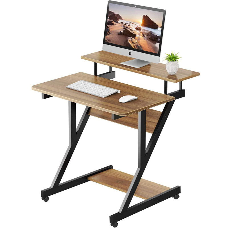 Computer Desk with Monitor Shelf - Mobile Z Shaped Home Office Desk with Storage Shelves and Movable Wheels for Small Spaces, Compact Corner Desk Space-Saving