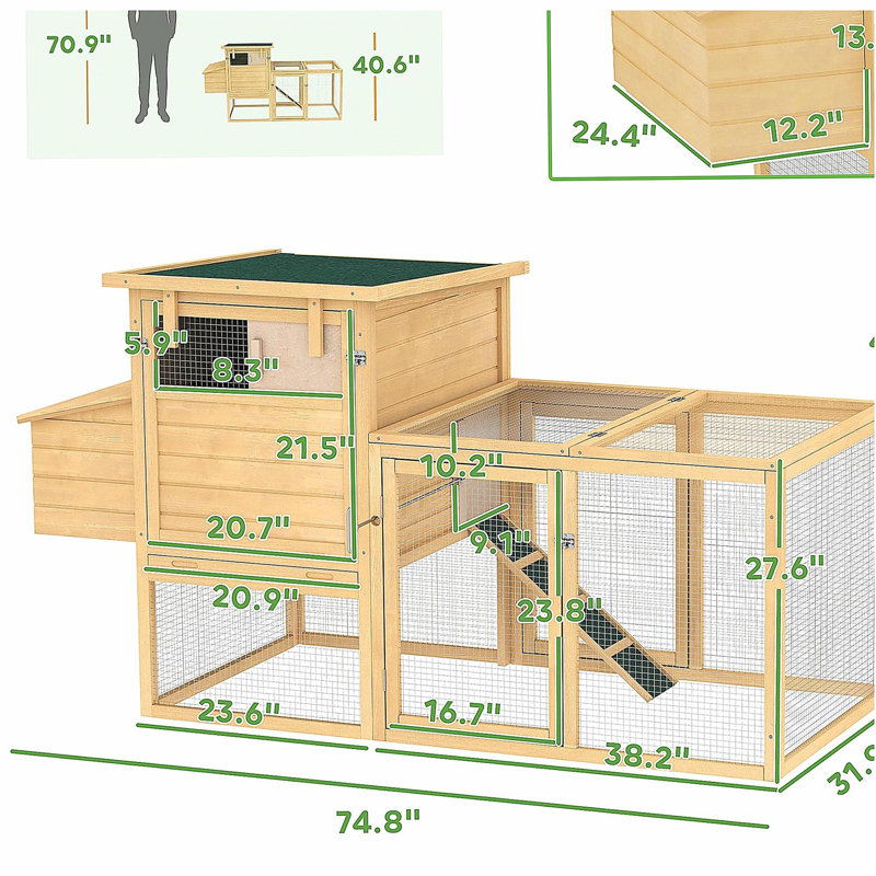 Poulailler en bois avec nichoir, plateau amovible, rampe, bois naturel