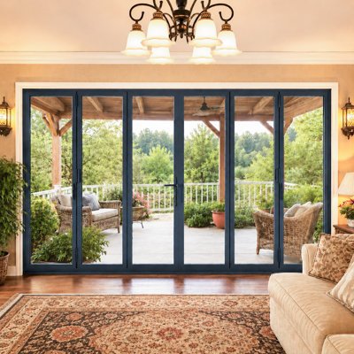 192"W x 96"H Centre Outswing Black Double Tempered Glass Aluminum Folding Patio Door 3+3