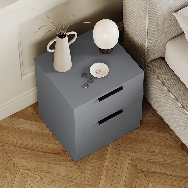 Tanishi 2 Drawer Bedside Chest Modern Bedroom Nightstand, Grey