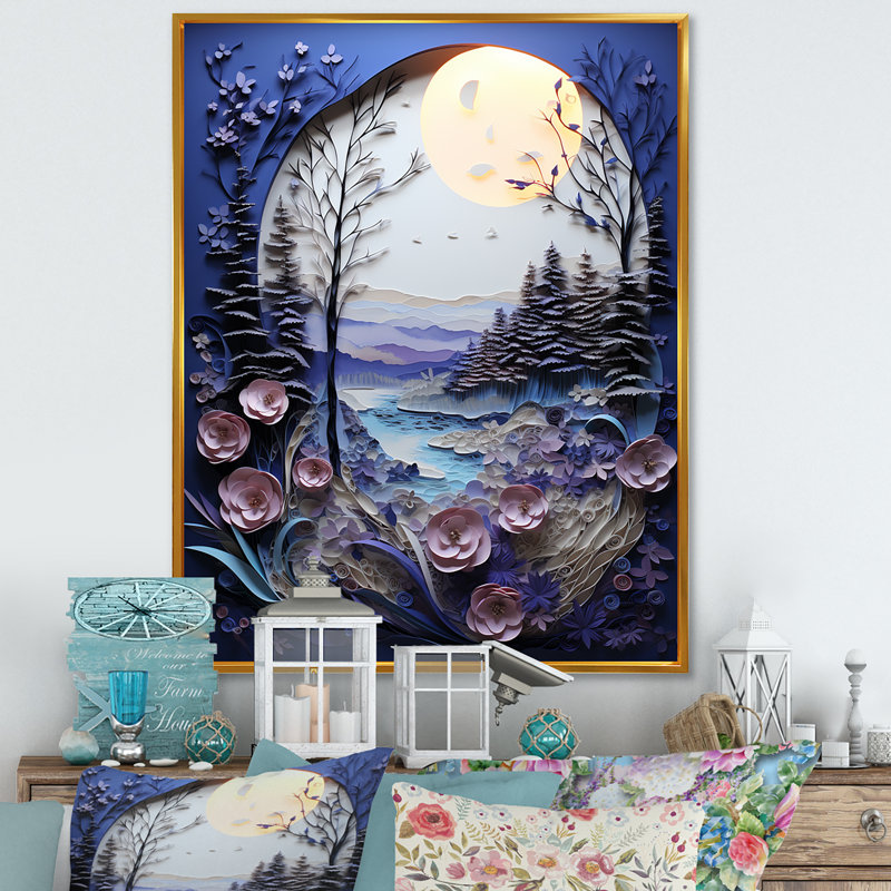 «Purple Winter River Landscape Collage IV», art mural paysage d'hiver, Cadre flottant doré, H 32 po x l 24 po