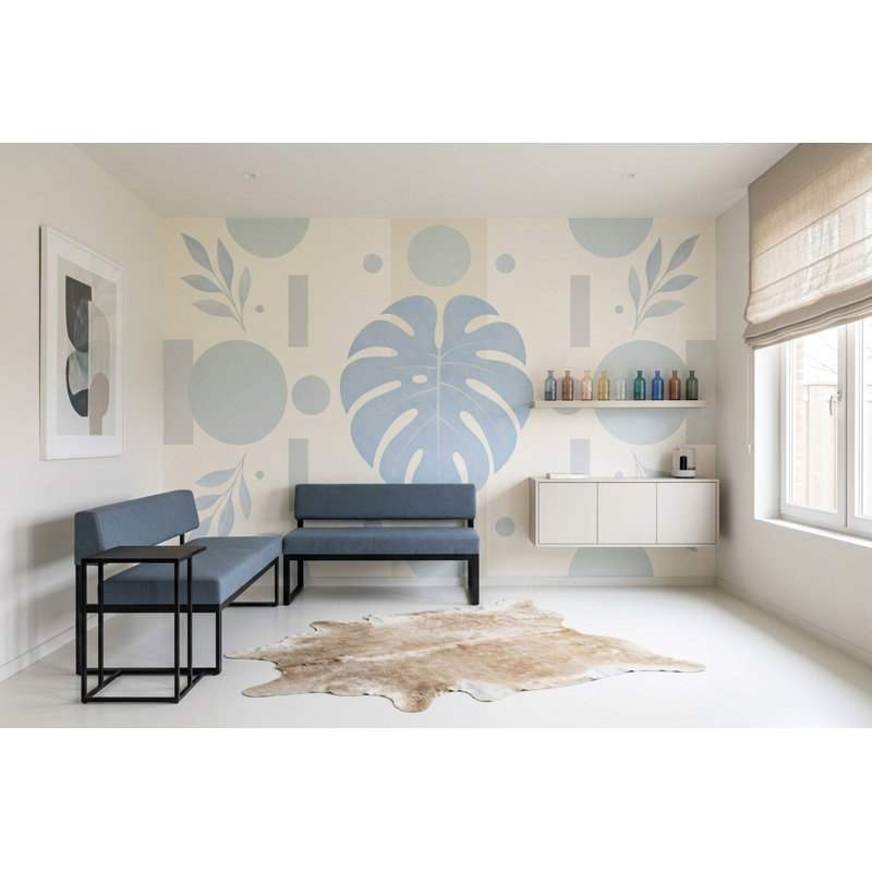 Fresque murale Monstera bleu clair sauge géométrique botanique moderne et minimaliste, 140 po x 108 po, Peler et coller