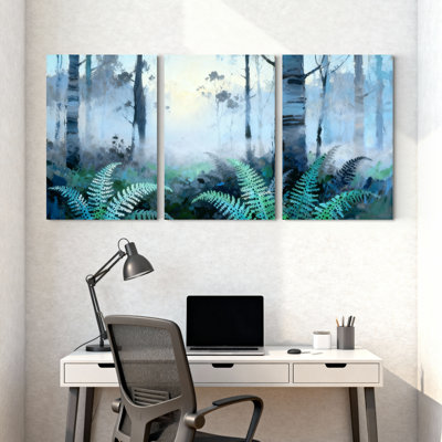 Hiver forêt brumeux forêt fougères arbres bleus lumière ensemble de 3 impressions sur toile