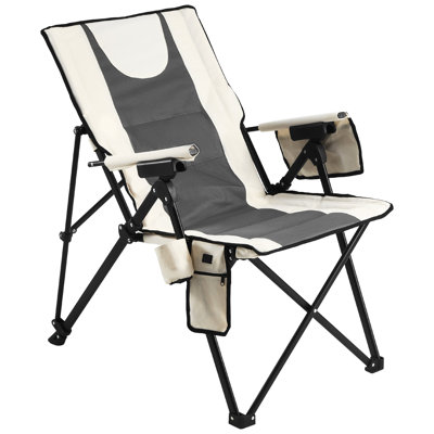 Chaise de camping portative chauffée avec 3 zones de chaleur, dossier haut pliable, support de 260 lb, accoudoirs de plage rembourrés et porte-gobelet, idéale pour les voyages en plein air, double chauffage, structure en fer robuste, inclinaison réglable
