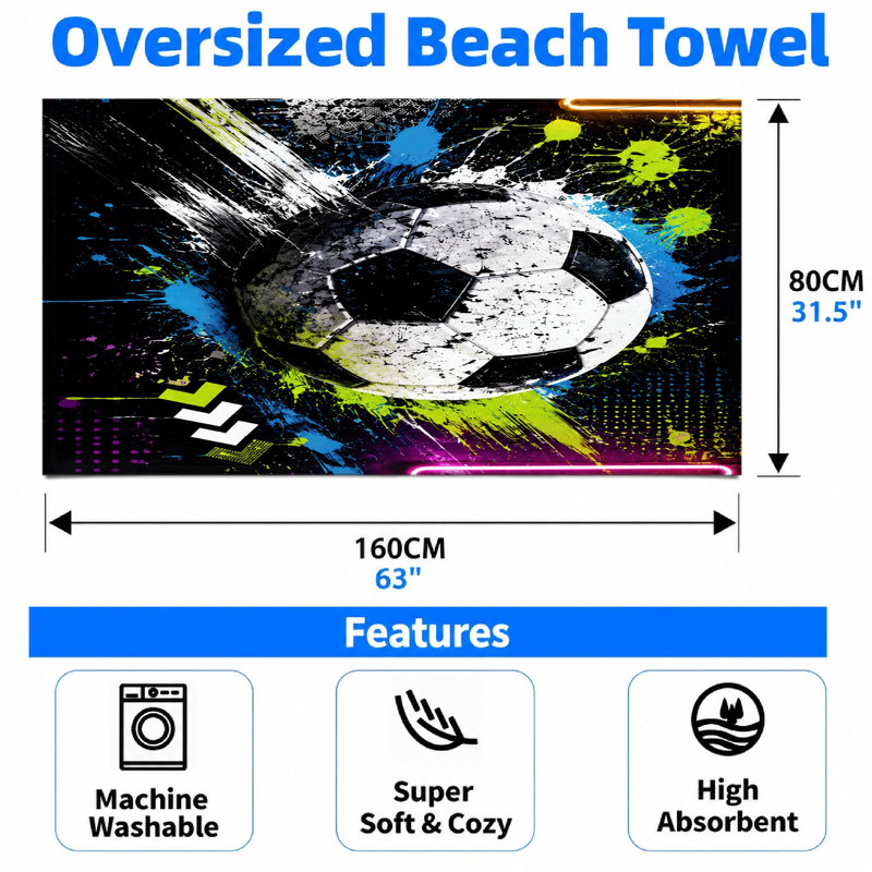 1 serviette de plage de soccer, conception dynamique Splash Art, couleurs vibrantes, parfaite pour la piscine, les voyages, la microfibre à séchage rapide, unisexe