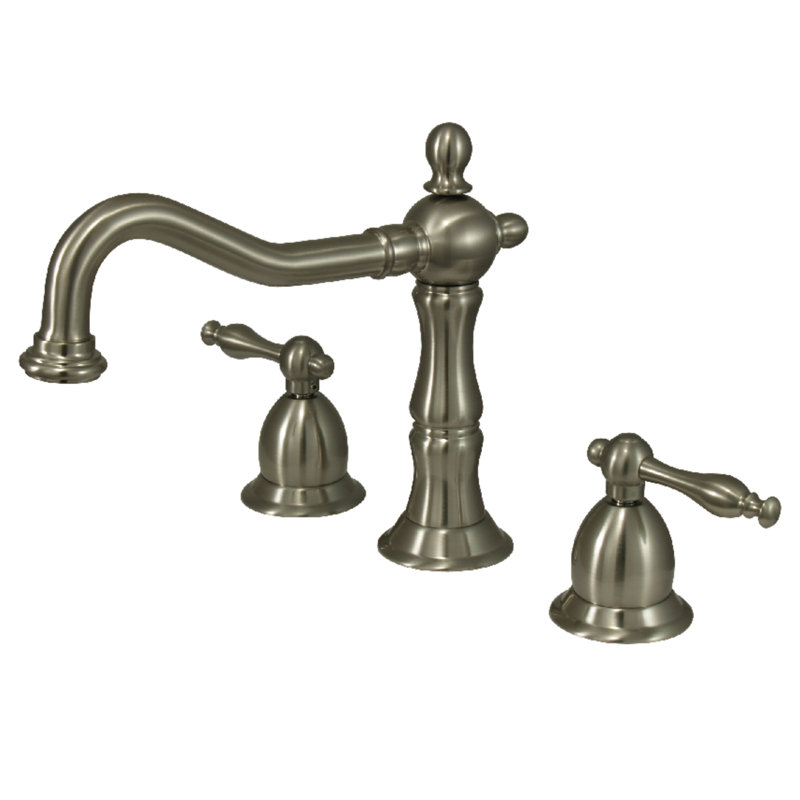 Kingston Brass Heritage Two-Handle 3-Hole Deck Mount Widespread Bathroom Faucet with Brass Pop-Up Drain, Satin Nickel 1