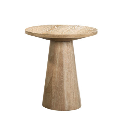 Table de bout ronde contemporaine avec piédestal en forme de cône rare, finition chêne, bois d'hévéa et bois d'ingénierie, largeur de 20 pouces de hauteur et hauteur unique de 21