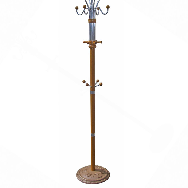 73" Tall Chrome And Wood Coat Rack, Oak Finish, Oak