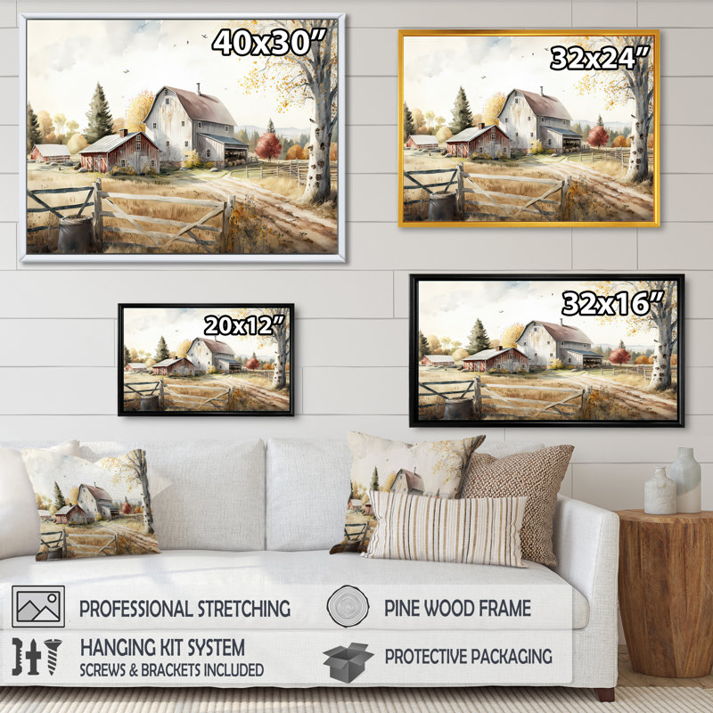 «Beautiful Barn In Spring II», art mural sur toile paysage de grange, H 24 po x l 32 po, Reproduction avec cadre flottant