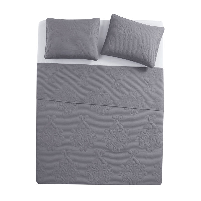 Square 3-Piece Solid Pinsonic Textured Quilt Set, Full / Queen Quilt + 2 Standard Shams, Gray Damask