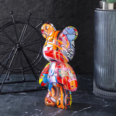 Statue d'ours en résine, sculpture animale style graffiti, pour la décoration de la maison ou du bureau, design abstrait, cadeau d'anniversaire ou autre (Graffiti)