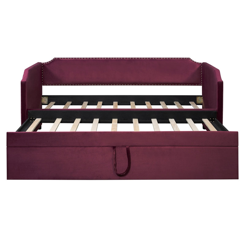 Lit de jour en velours avec lit gigogne, Wine Red