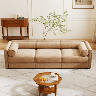 Élégant canapé en chenille de couleur chameau avec siège de rangement, dossier cylindrique et accoudoirs, canapé contemporain en tissu 3 places avec compartiment de rangement caché
