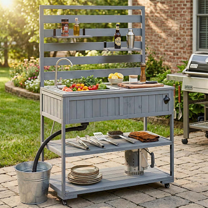 Îlot de cuisine avec évier, tablettes mobiles et ouvre-bouteille pour la cuisine, Gris