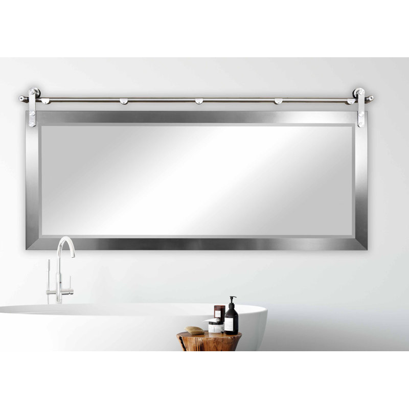Karlyn Wood Framed Barn Door Accent Mirror, 30.5" H x 71" W x 0.75" D, Black