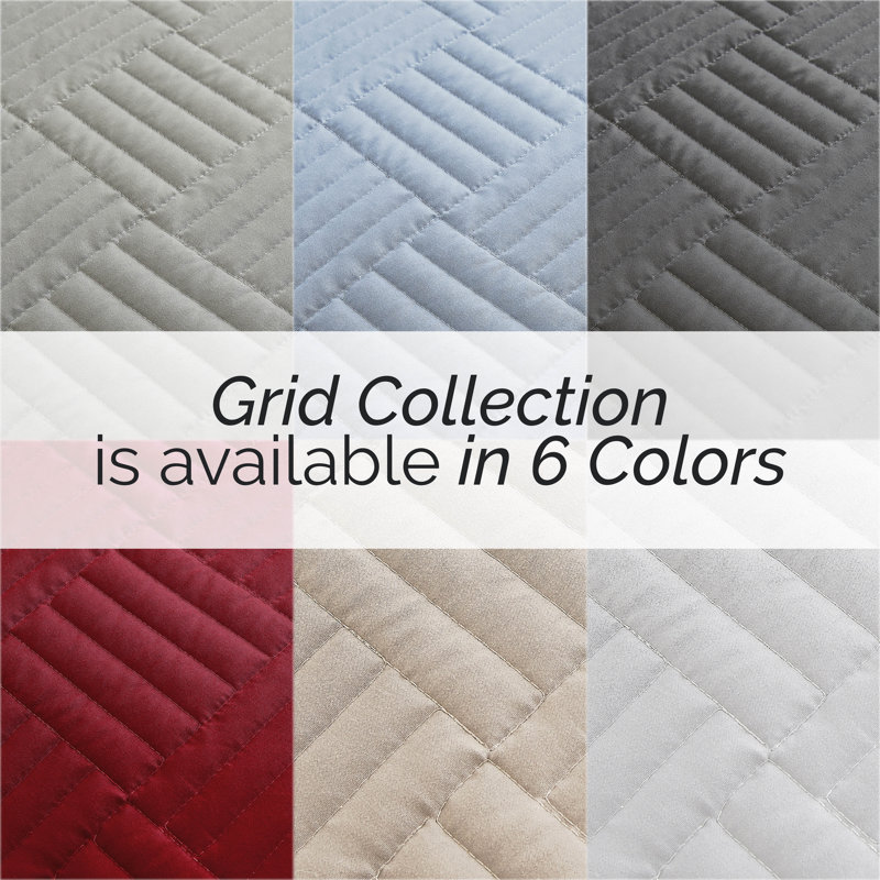 Grid Quilted Oversized lightweight Prewash Microfiber Quilt Set, Blue, King Quilt + 2 King Shams