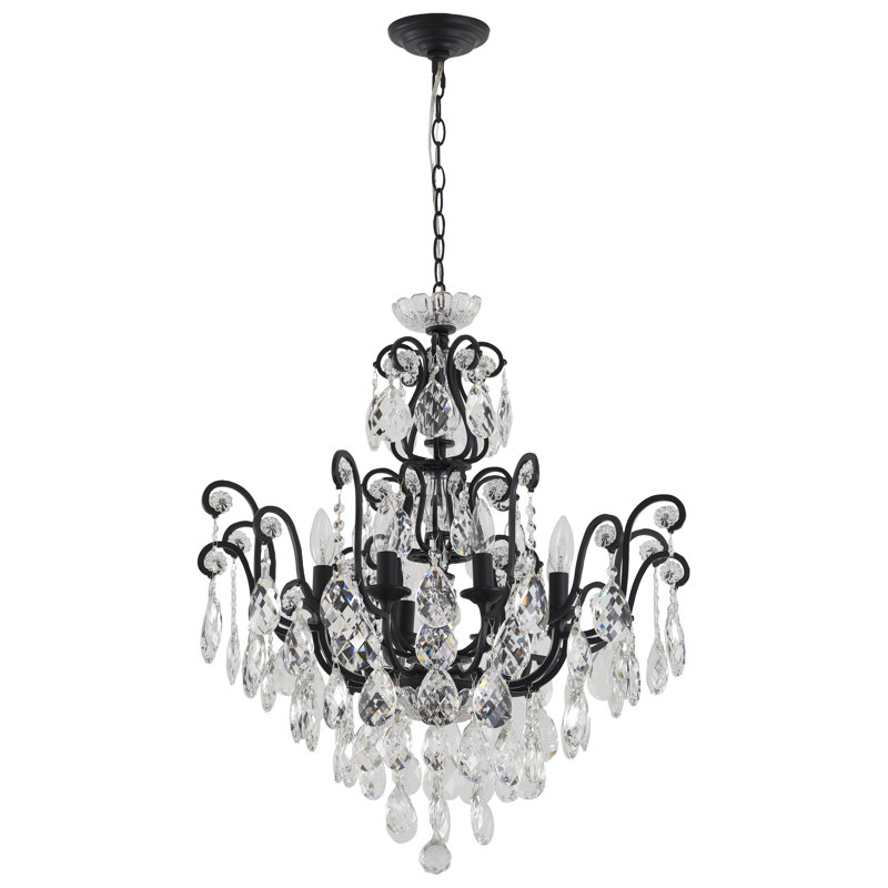 Traditional 8 Light Matt Black Iron Crystal Chandelier
