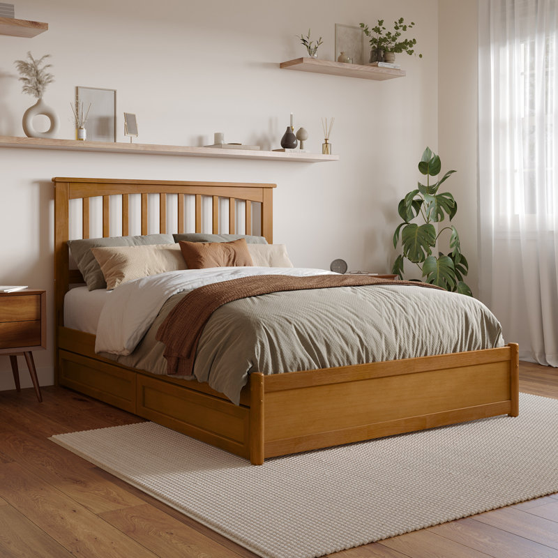 Asparas Solid Wood Storage Platform Bed with Footboard and Under Bed Drawers, Full, Light Toffee