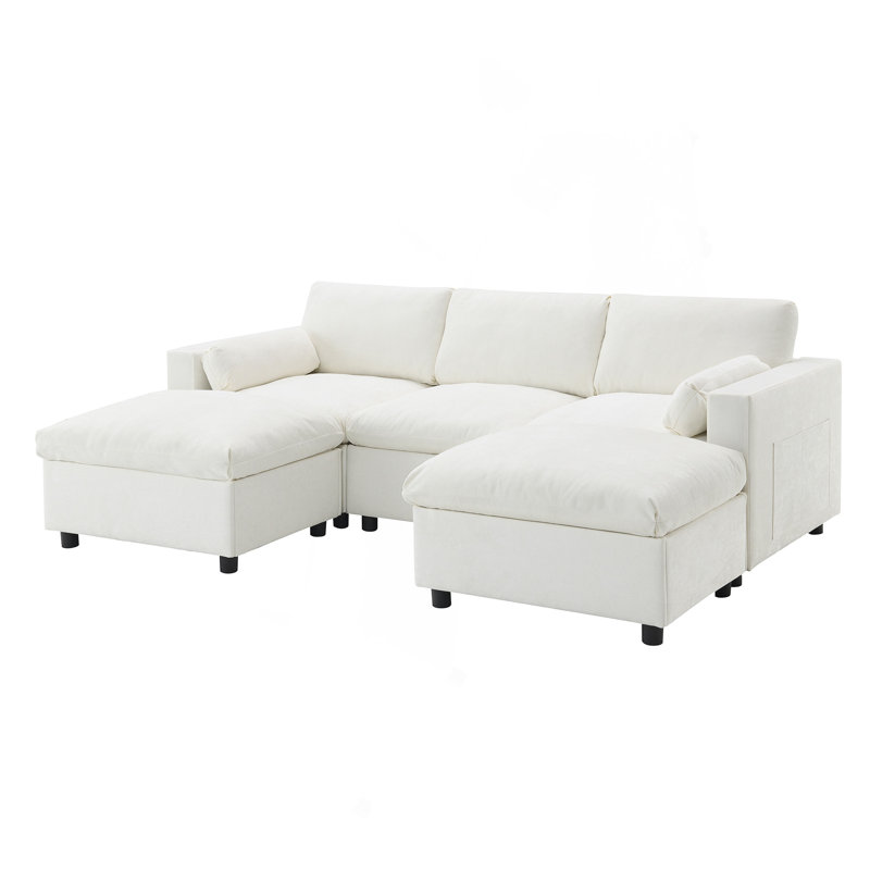 Canapé modulaire de 86,5 po en forme de U avec poches de rangement, 2 repose-pieds mobiles, coussins d'accoudoirs, combinaison libre, canapé moderne à 5 places pour salon et appartement, chenille, 3 couleurs