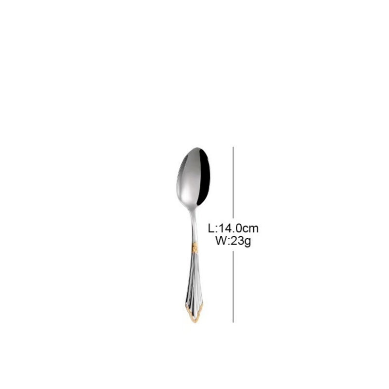 Ensemble de couverts 16 pièces en acier inoxydable de qualité supérieure avec accents dorés et poignées triangulaires, comprenant une cuillère à couteau et une fourchette à salade pour un repas élégant