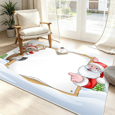 Red Machine Washable,Christmas with Santa Claus and Reindeer Cartoon Characters Sign Indoor Area Rug