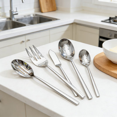 Ensemble de couverts 45 pièces en acier inoxydable, service pour 8 avec ustensiles de service d'hôtesse, ensemble de couverts polis miroir forgé pour la maison, la cuisine, le mariage et le lave-vaisselle