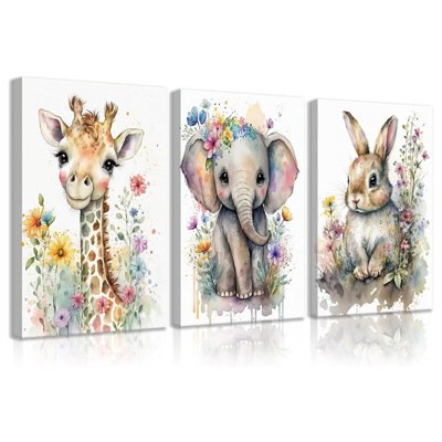 3Pcs Baby Watercolor Safari Animals Nursery Canvas Wall Art Cute Jungle Animals With Wildflower Picture Posters Wall Decor Giraffe Elephant Rabbit Painting Print Artwork For Kids Children Room 12X16in
