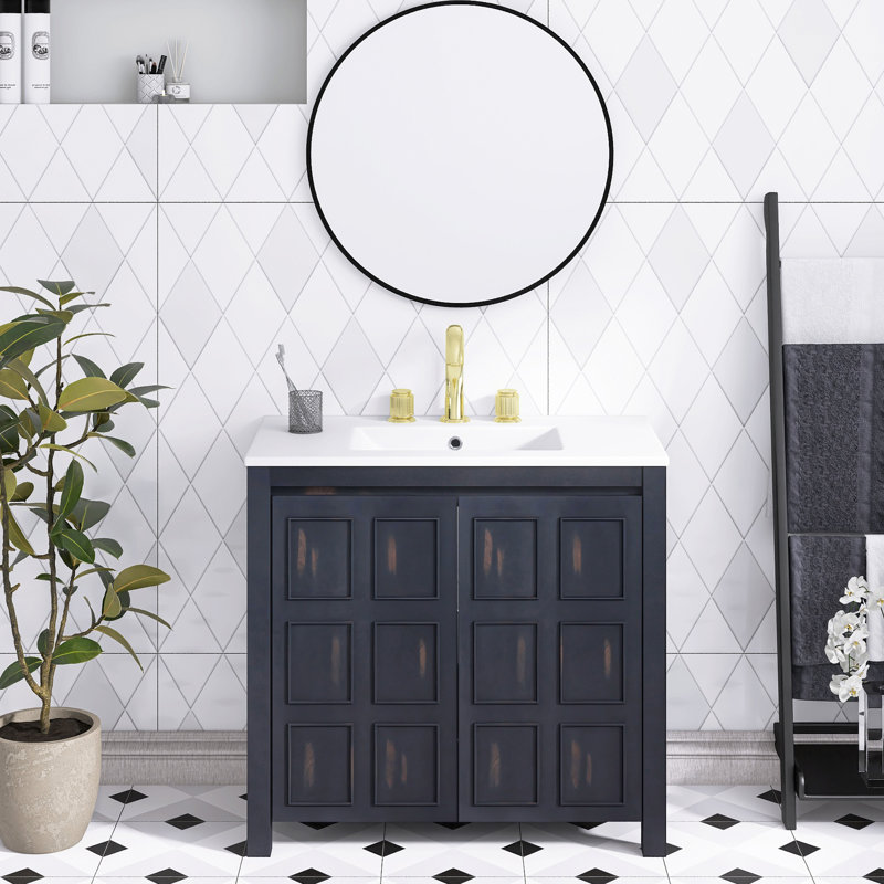36 pouces Organisateur de meuble-lavabo de salle de bain avec lavabo en céramique espresso rétro | Structure en bois massif | Portes à fermeture en douceur | Tablettes réglables | Ensemble d'armoire de rangement pour salle de bain