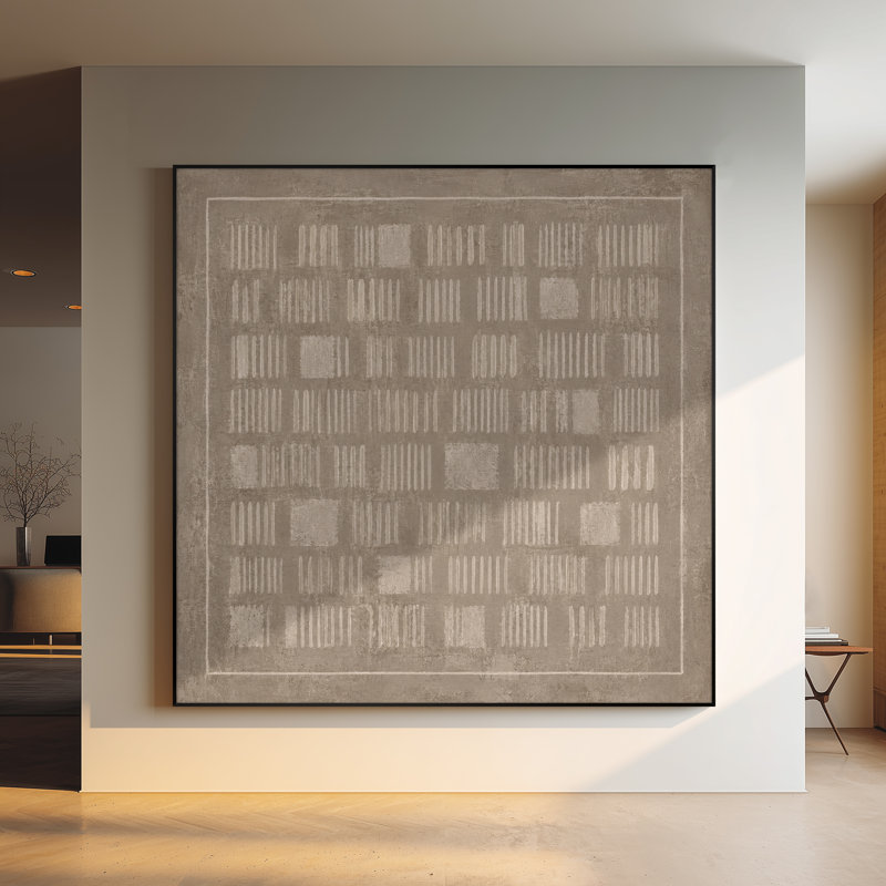 Impression sur tissu grand format - Motif géométrique abstrait à grille beige neutre pour salon ou chambre - « Assemblage du cadre requis (cadre non fini) »