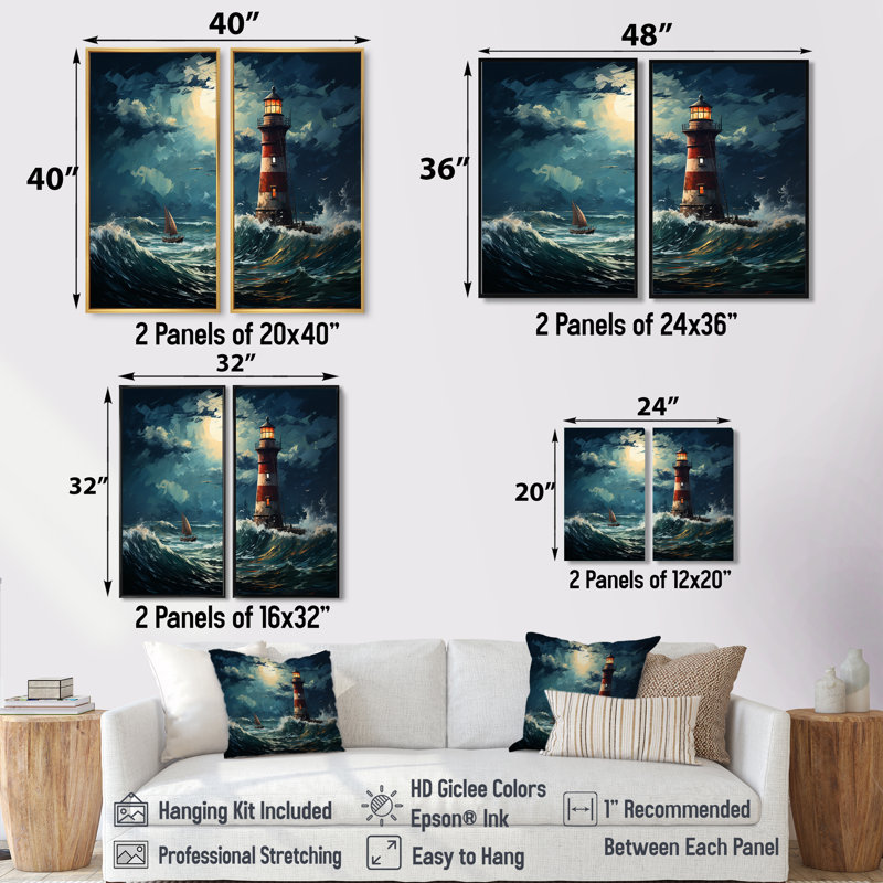Phare de la mer orageuse 1 - art mural blanc, H 36 po x l 48 po, Reproduction encadrée sans passe-partout, Brun