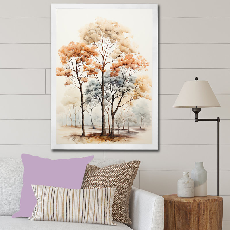 «Soft Neutral Tones Tree Oak Harmony», reproduction sur toile, Cadre simple blanc, H 32 po x l 16 po x P 1 po