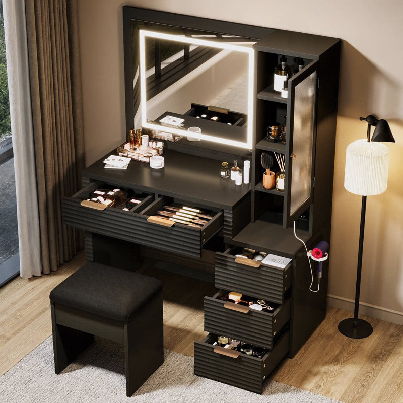 Meuble-lavabo noir cannelé 43 po avec miroir lumineux, station de charge, 5 tiroirs et armoire en verre, support pour sèche-cheveux, tabouret de rangement