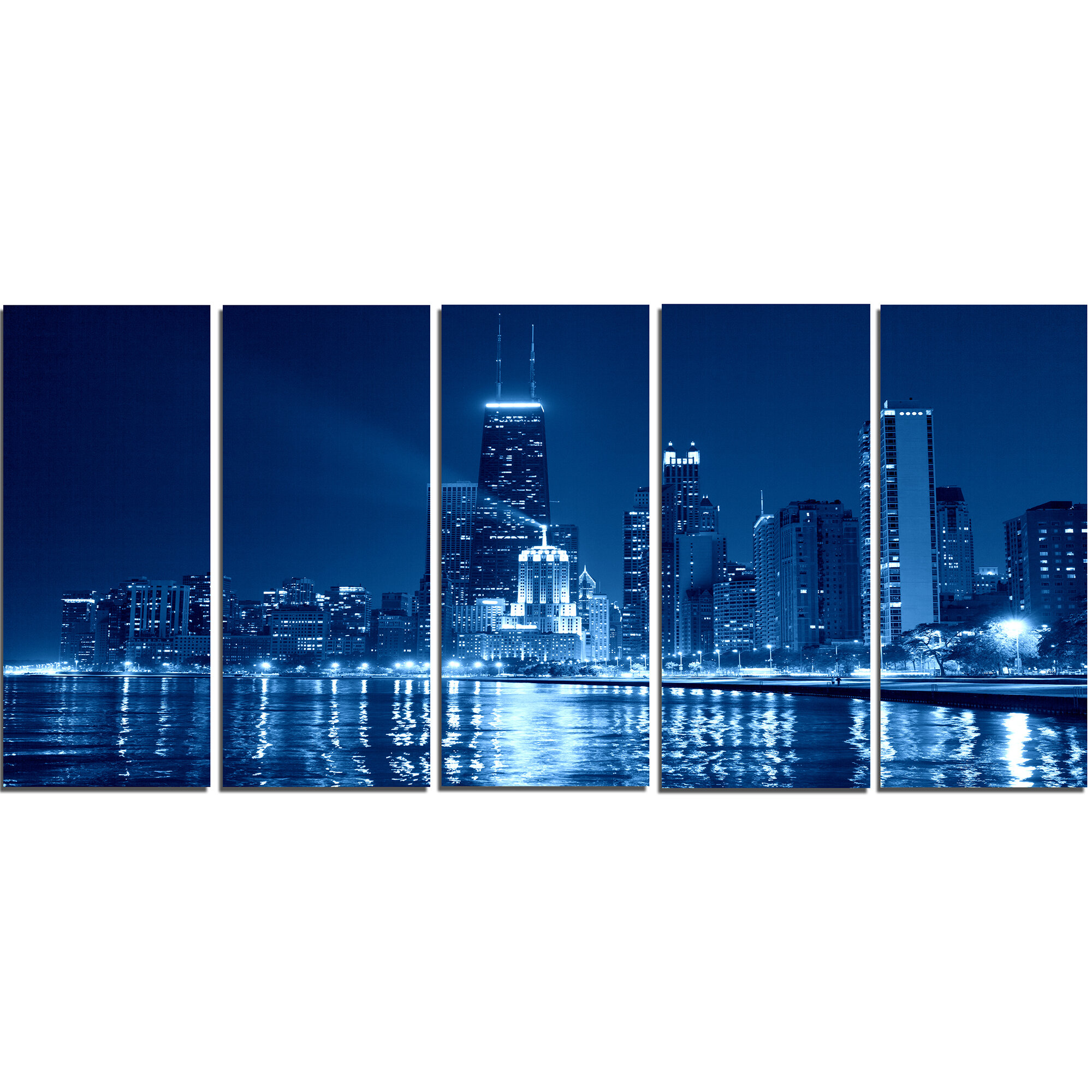 Ebern Designs Blue Chicago Skyline Night On Canvas 5 Pieces Print ...