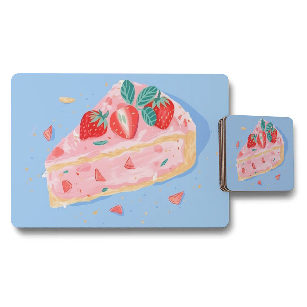Strawberry Cake Placemat And Coaster Set With Blue Background