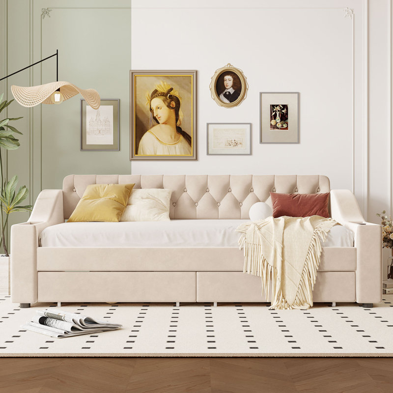 Twin Size Upholstered Daybed With Storage Armrests And USB Port, Beige