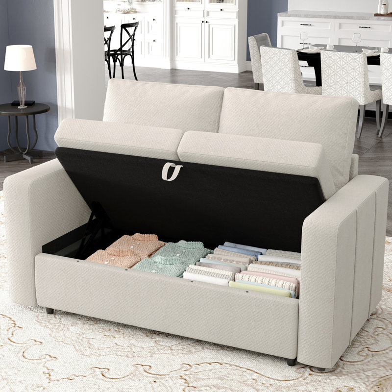 Rafael Loveseat Sofa With Under-Seat-Storage, Beige Chenille