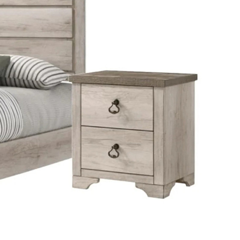 Cottage Style Distressed 2 Drawer Nightstand Driftwood Finish Contrasting Weathered Brown Top Traditional Ring Pull Hardware Wooden