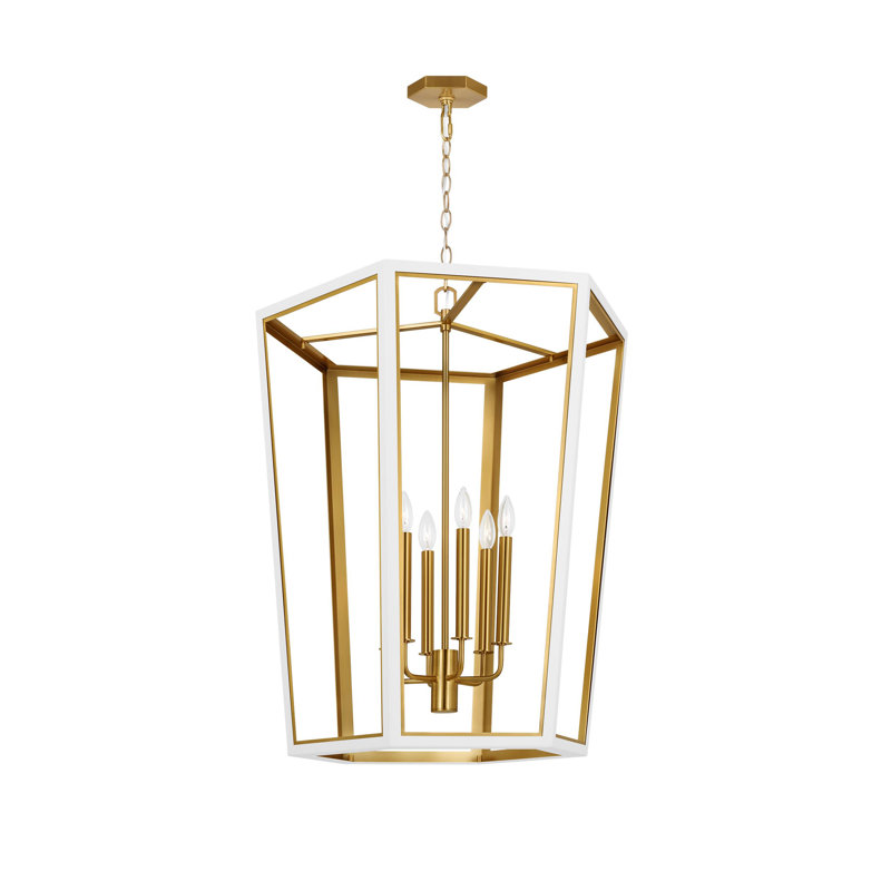 6 - Light Dimmable Lantern Geometric Chandelier, Matte White/Burnished Brass